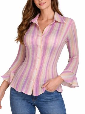 Milano Women’s Pastel Striped Button-Up Top - Pink & Lavender crinkle SZ LG